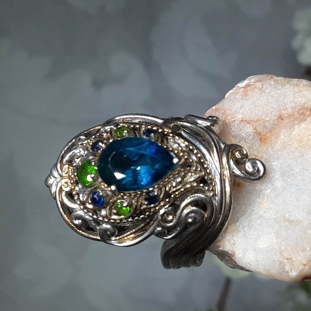 925 London Topaz And Multi Gemstone Peacock Feather Ring.